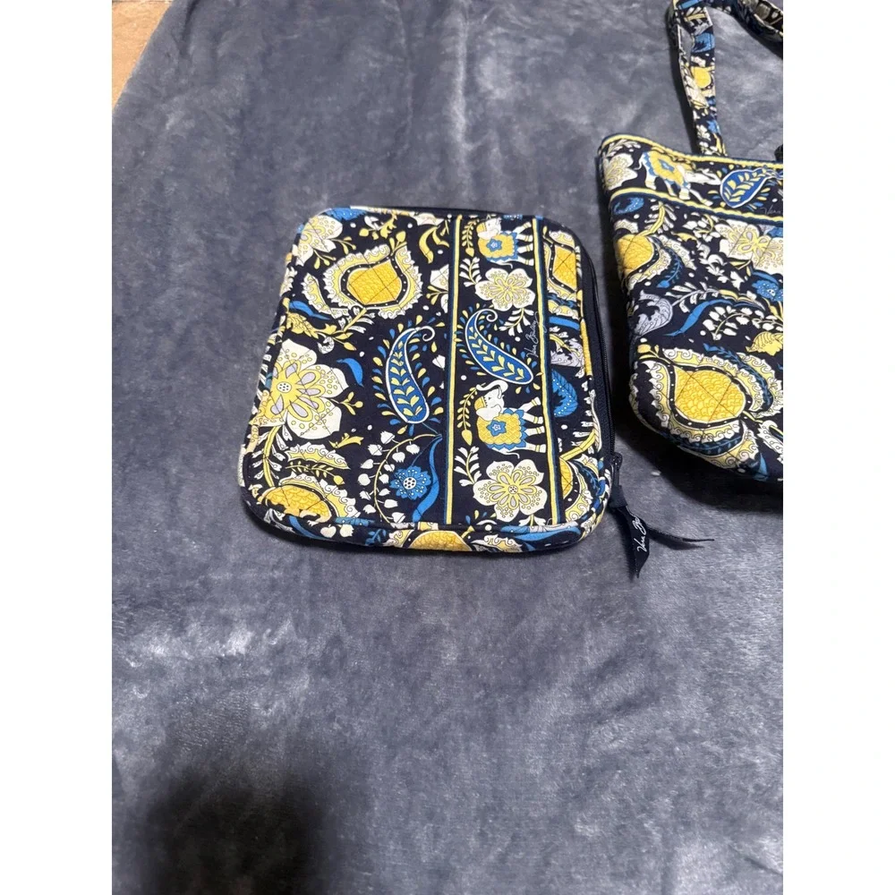 Vera Bradley Elephant Paisley Quilted Tote Bag and Tablet Pouch Set Navy Yellow